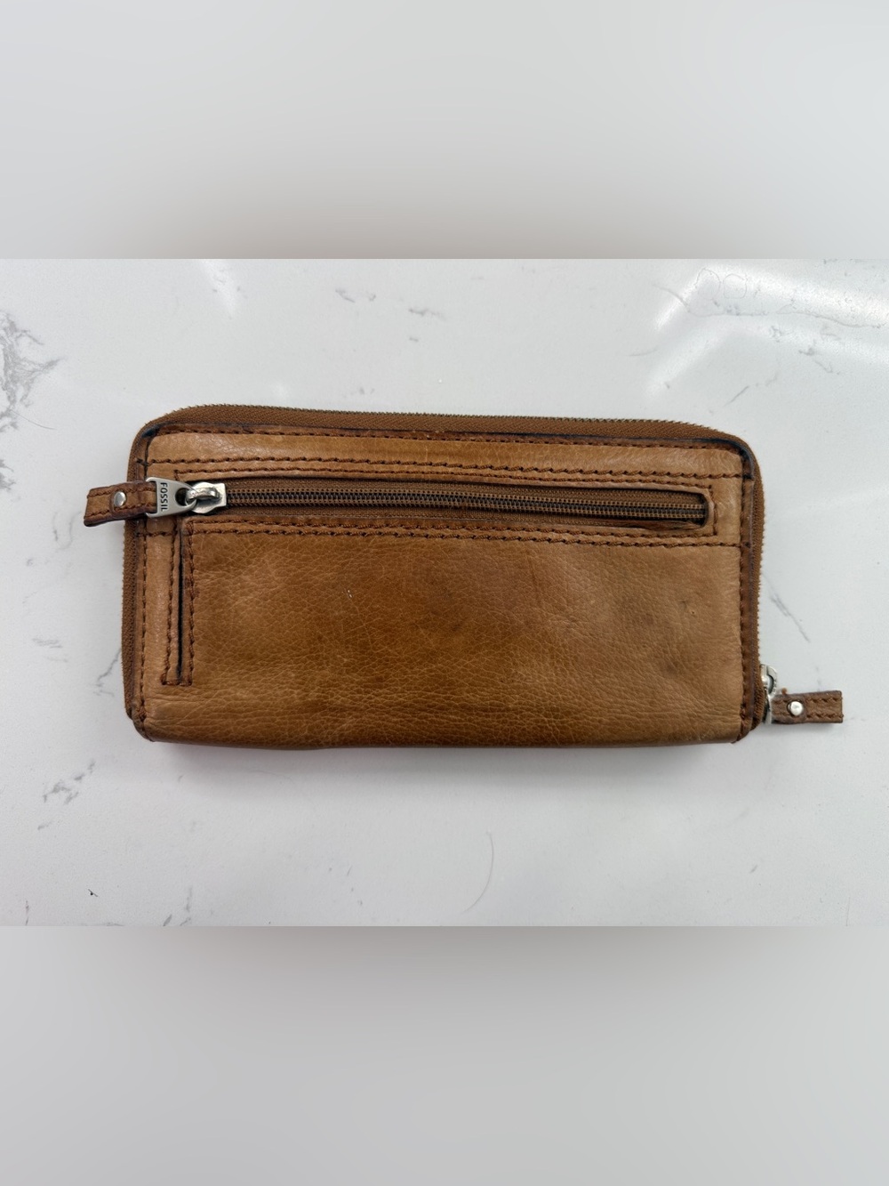 Vintage Fossil Leather Zip Around Wallet Brown Tan Key Print Lining - Picture 5 of 16